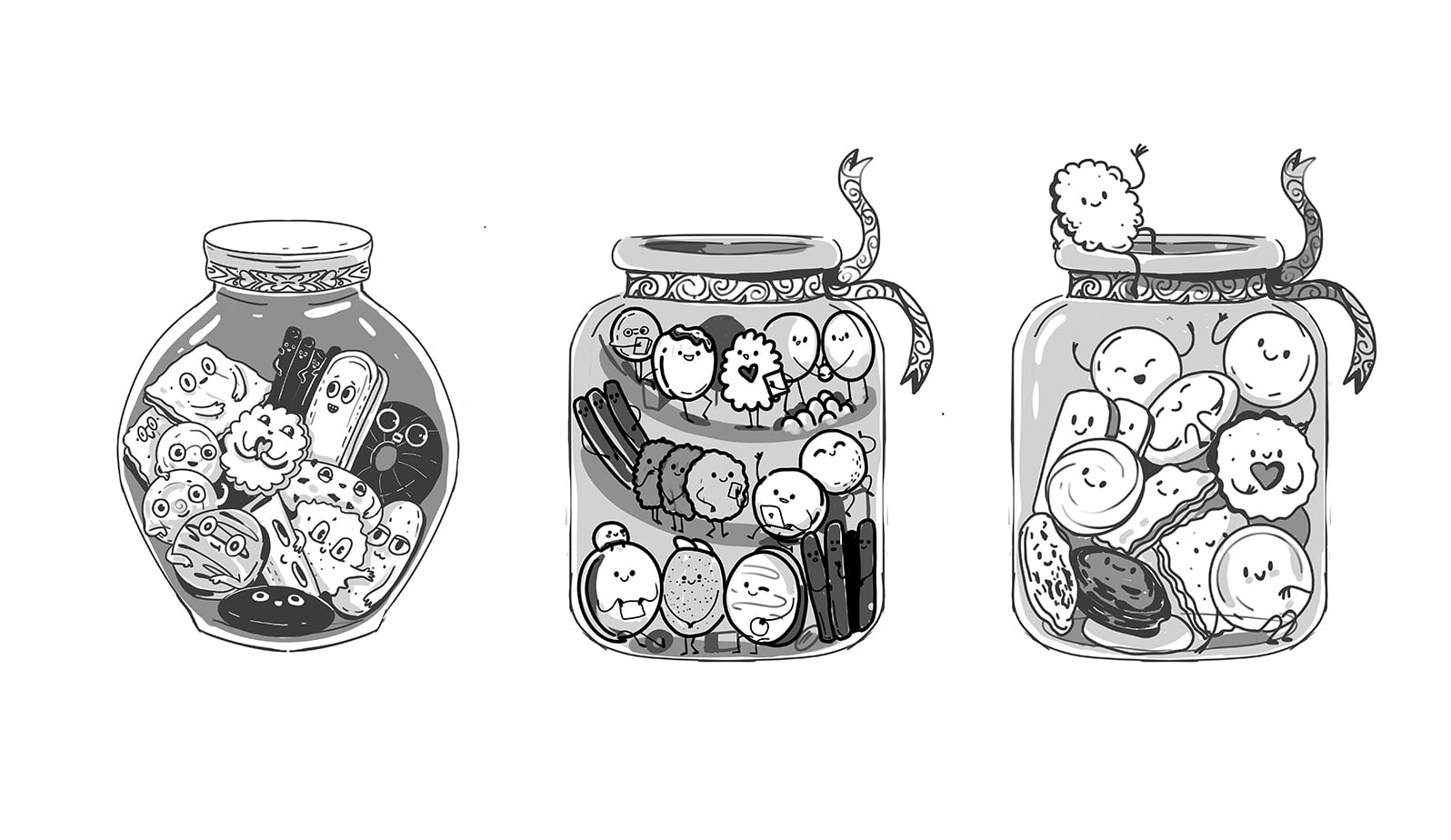 Griffins cookie jar illustration sketches featuring playful, anthropomorphic snack characters arranged inside decorative jars with ornate lids.
