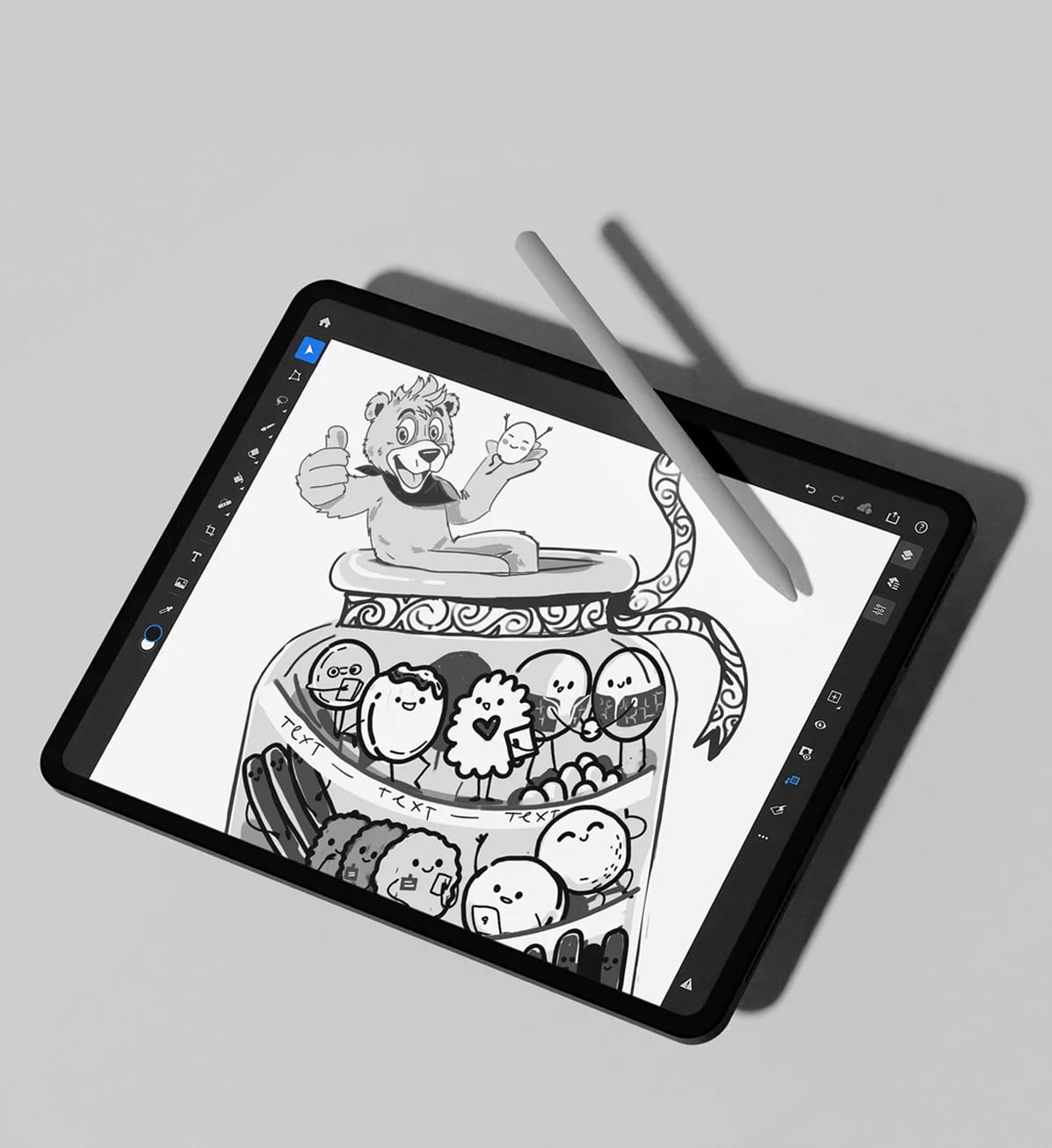 Illustration process on an ipad displaying a bear and cookies in a jar
