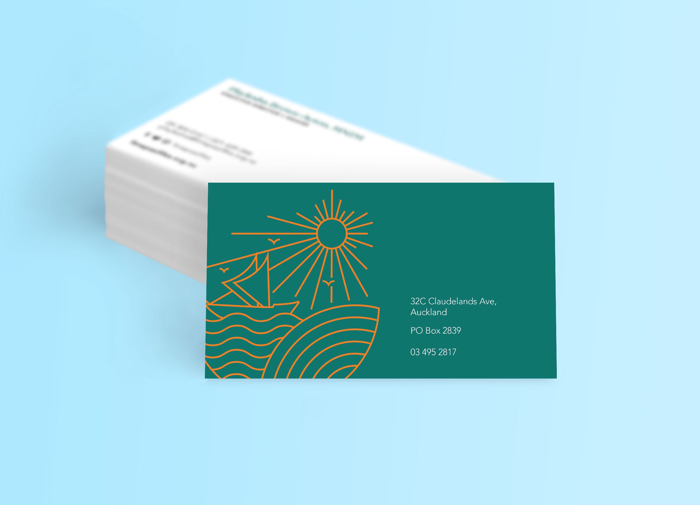 Non-profit business card design featuring a teal background, orange nautical line art, and contact details in a clean, minimalist layout.