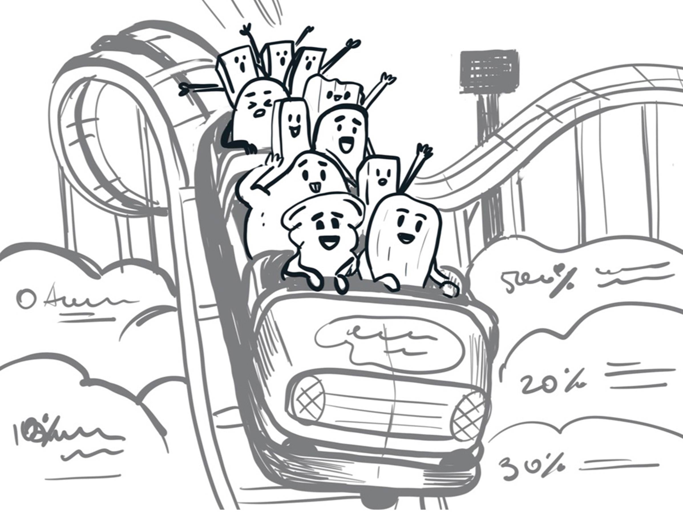 Griffins roller coaster illustration sketch featuring cheerful snack characters riding a coaster, with handwritten performance targets and percentage markers.