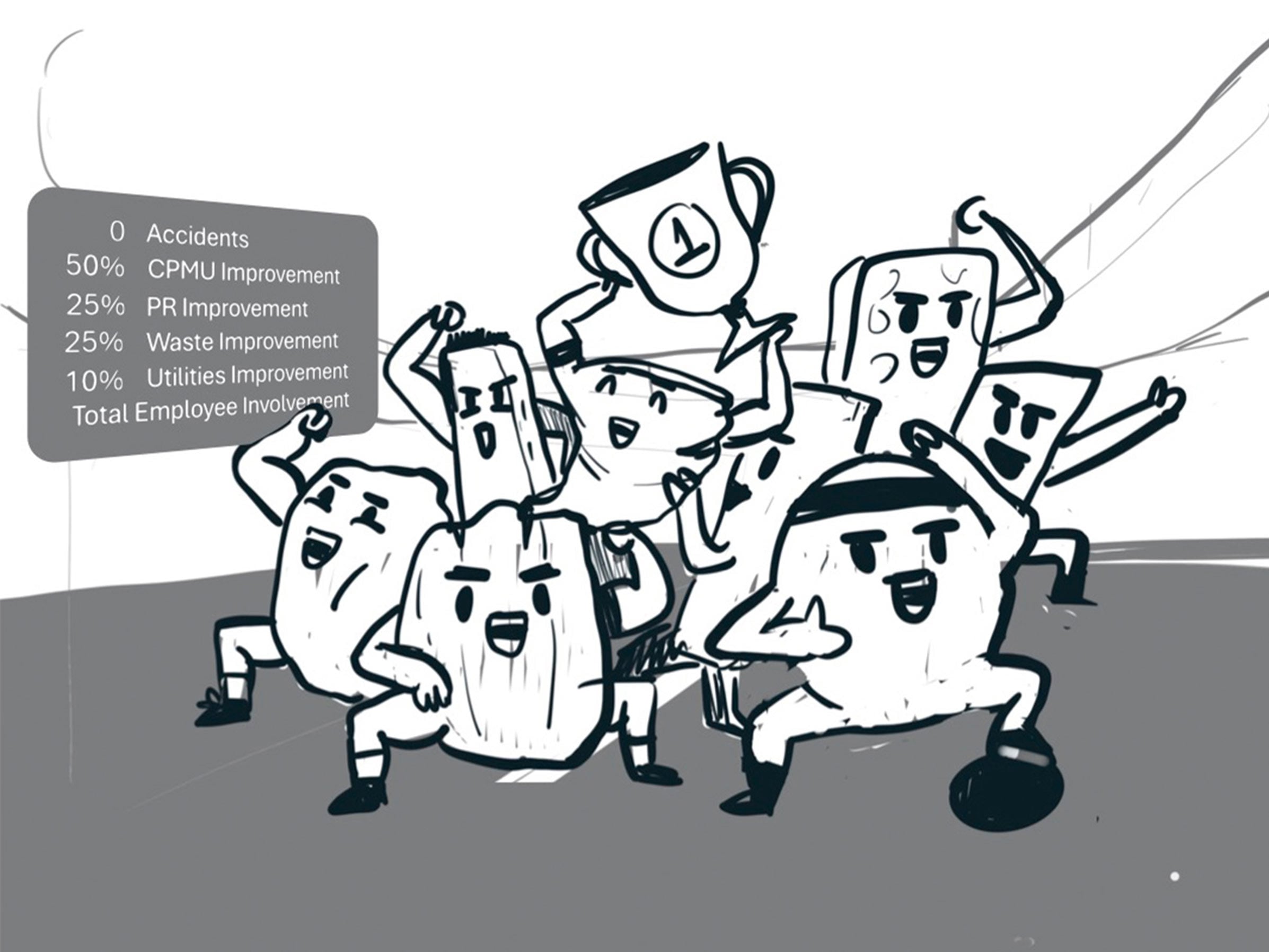 Griffins rugby illustration sketch featuring anthropomorphic snack characters celebrating with a trophy, alongside a scoreboard highlighting employee performance improvement targets.