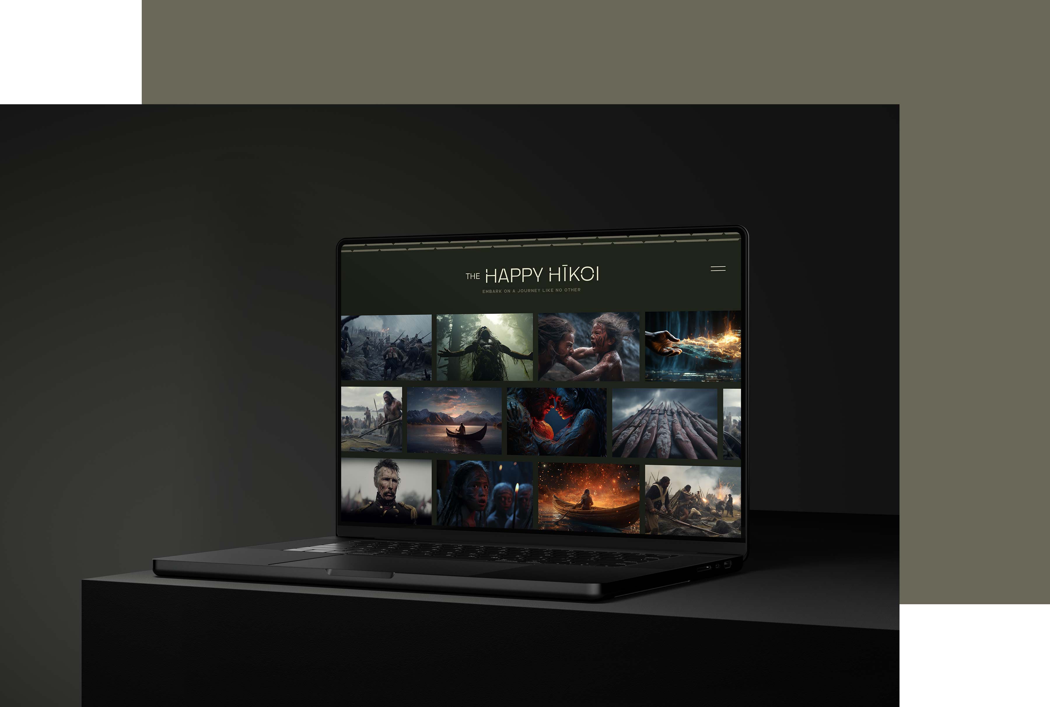 Website design displayed on a laptop on a dark background promoting a film