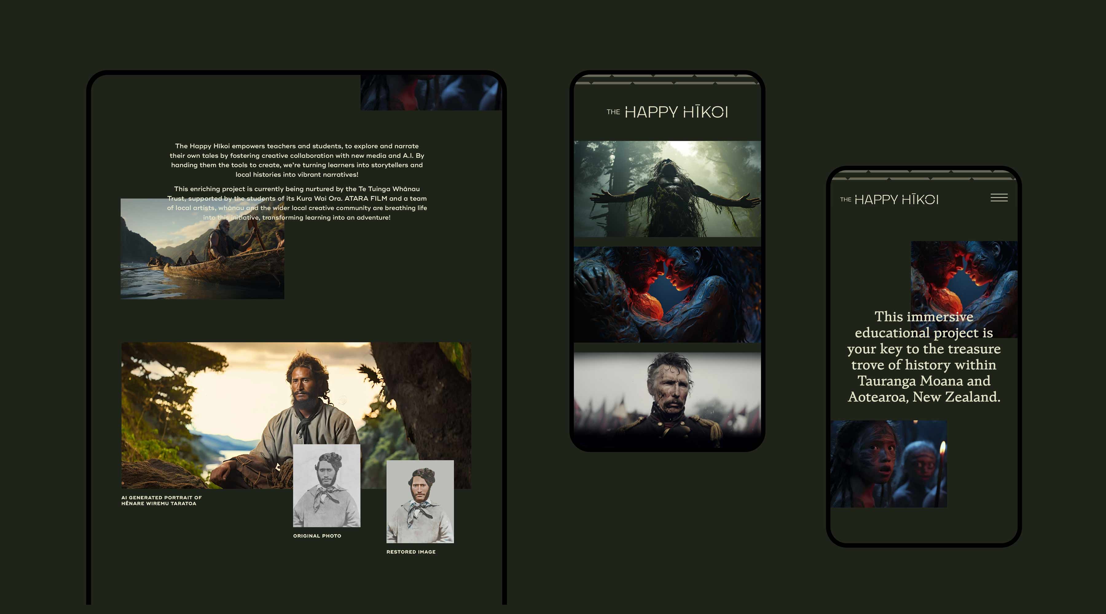 Website design displayed on a dark background highlighting ai imagery and stories