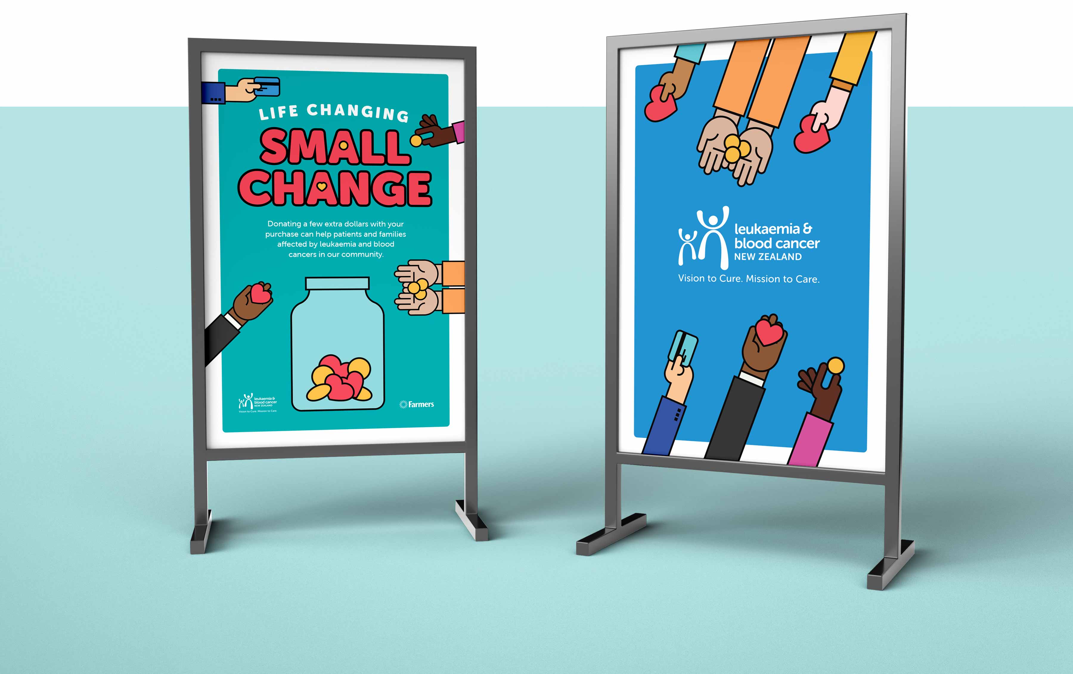 Poster stands showing illustration design for cancer awareness
