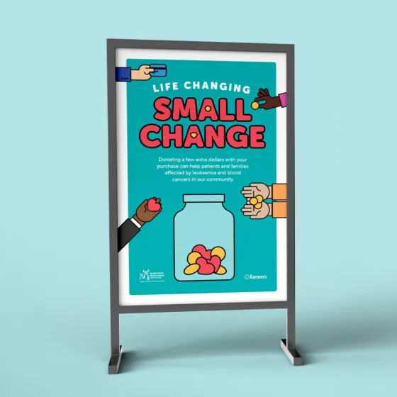 Teal poster with illustration designs for a charity