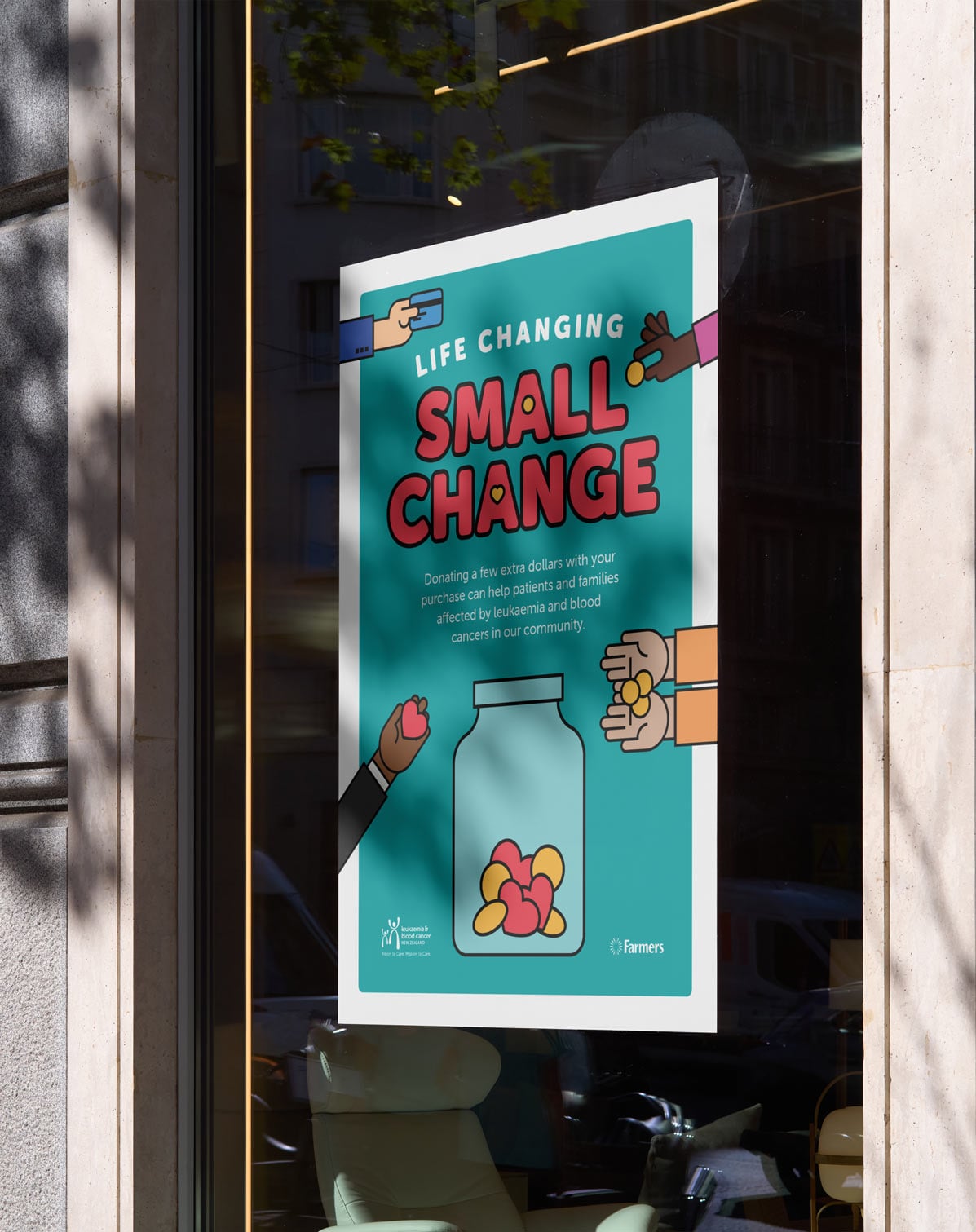 Window poster showing charity illustrations for donations