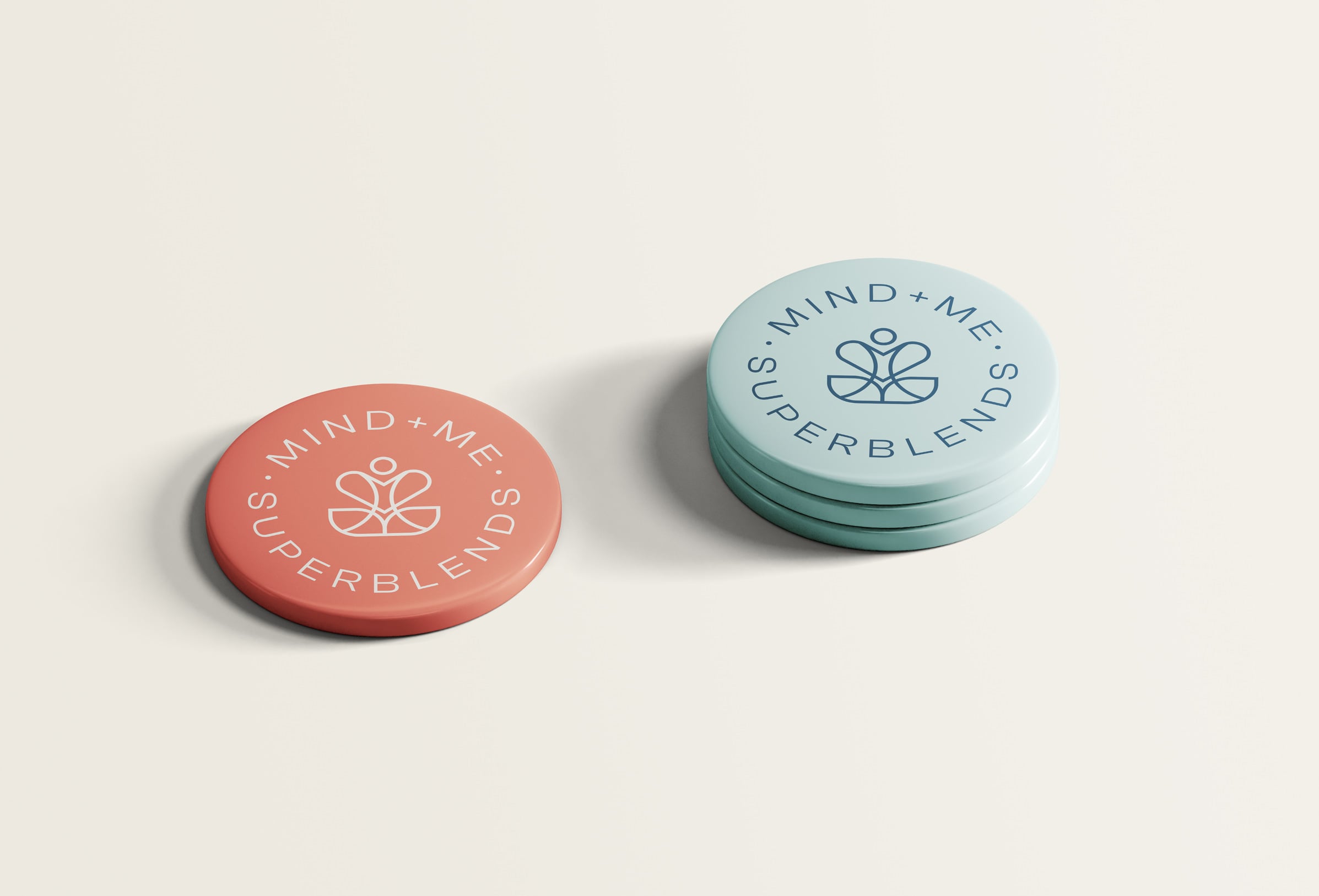 Two badges showing a superfood company logo with a meditation feel