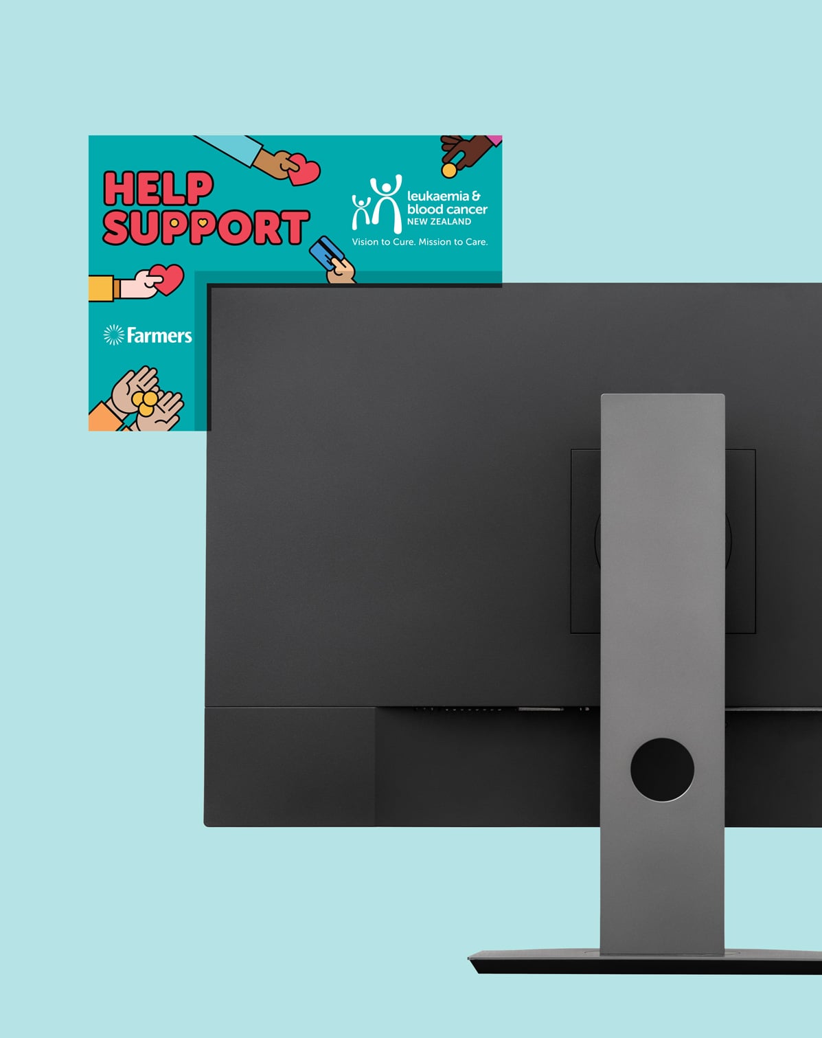 POS poster design for a charity donation in front of a monitor