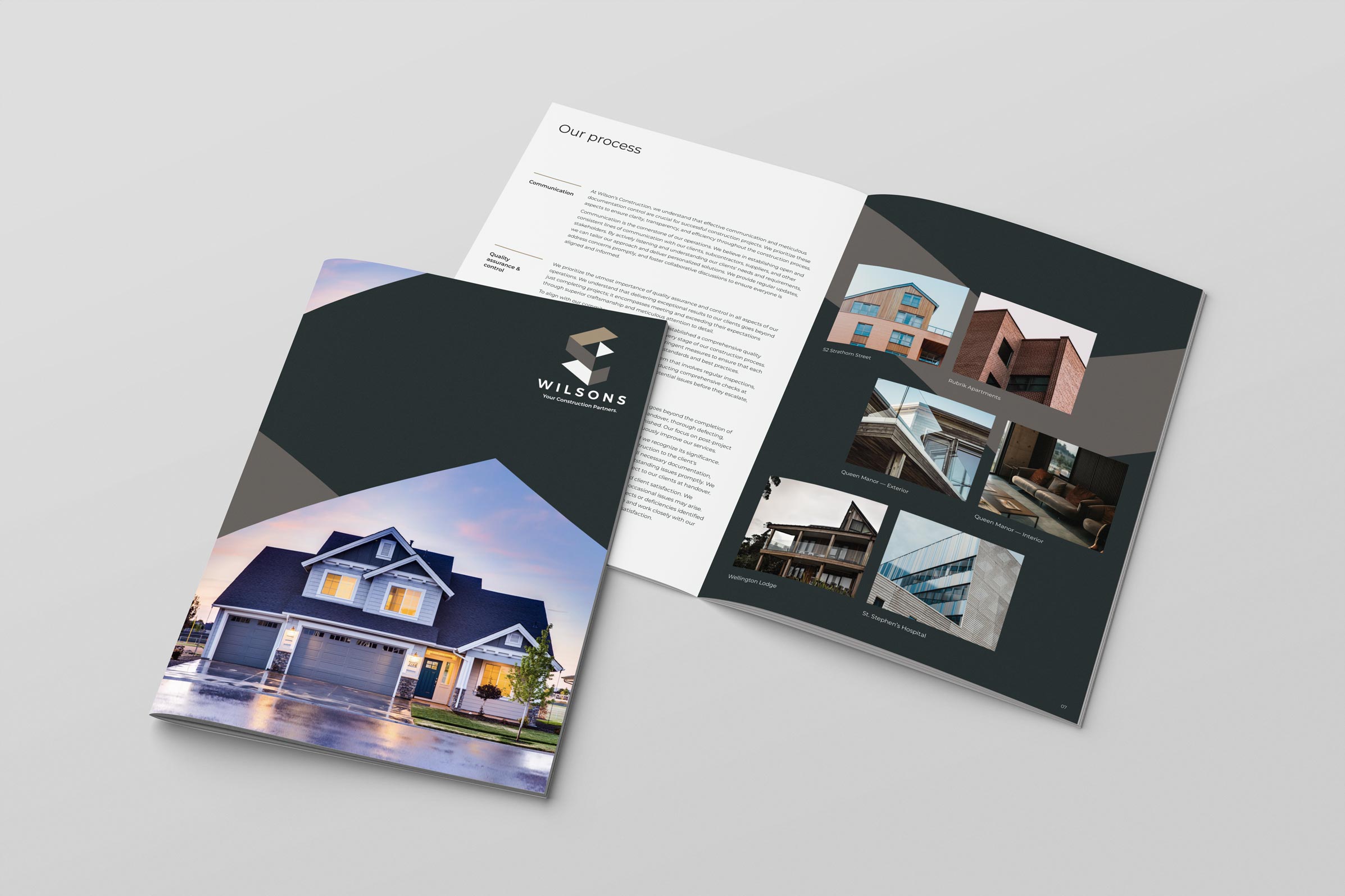 Cover and inner pages of a booklet design for a construction company
