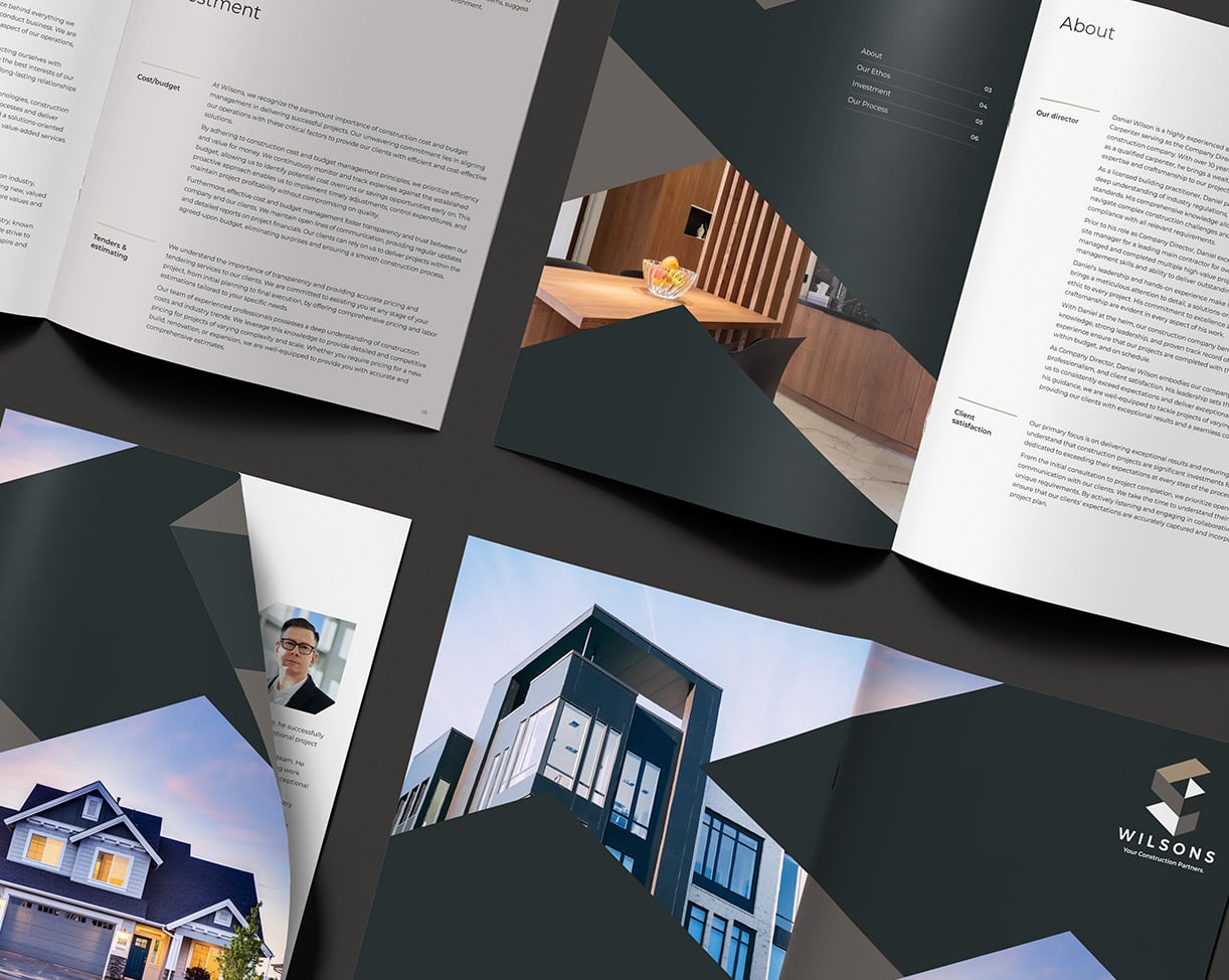 Spread layout of a booklet for a modern building company