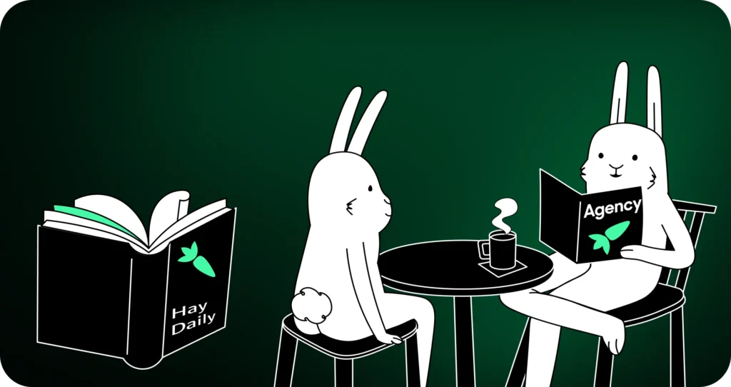 White Rabbit illustration of 2 rabbits having coffee and comparing the 10 best print marketing materials to increase sales
