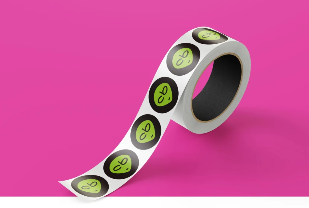 Digital design mockups of brand stickers