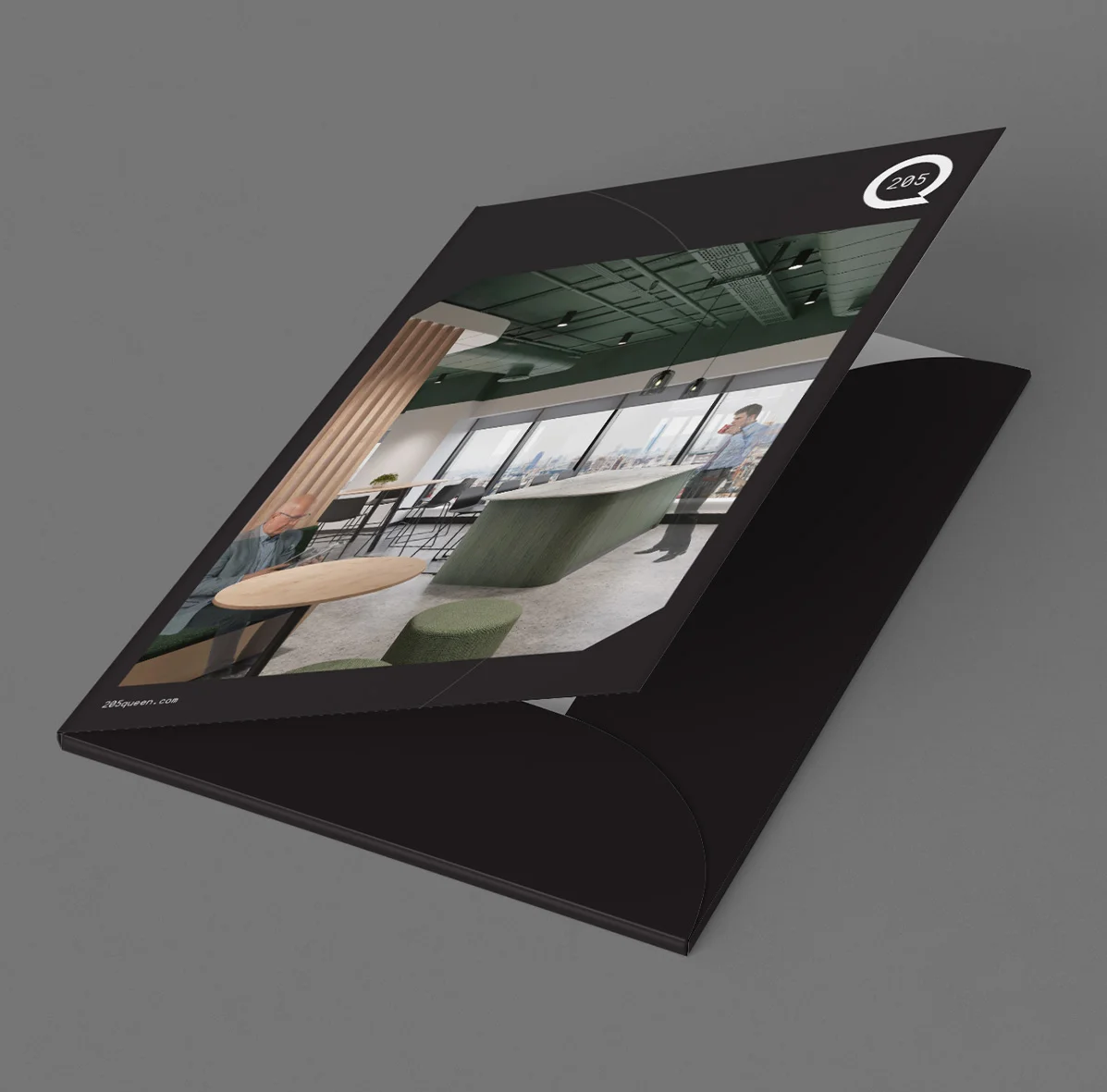 Sleek real estate presentation folder mockup on grey background