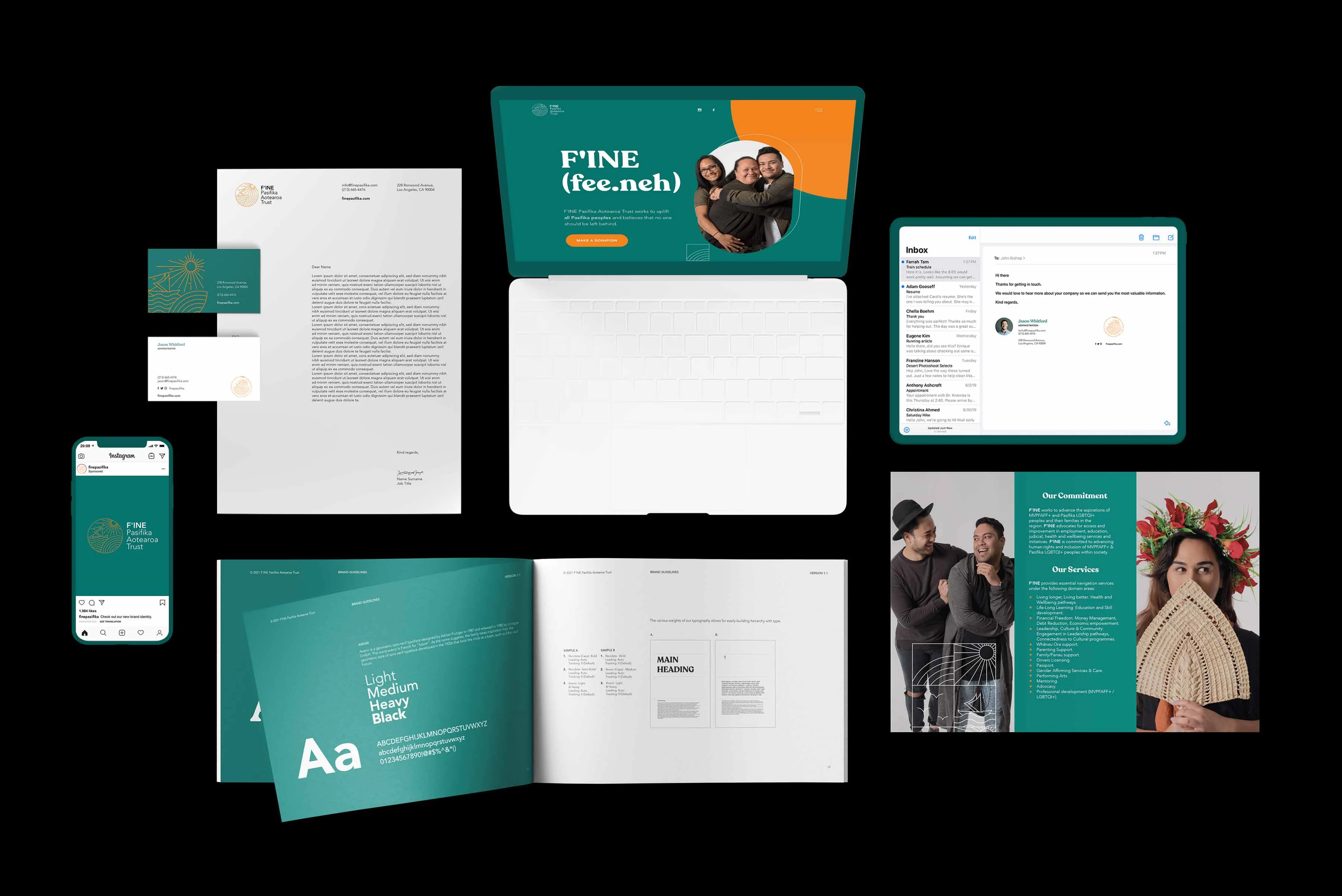 Full teal and orange website startup design mockup on black background