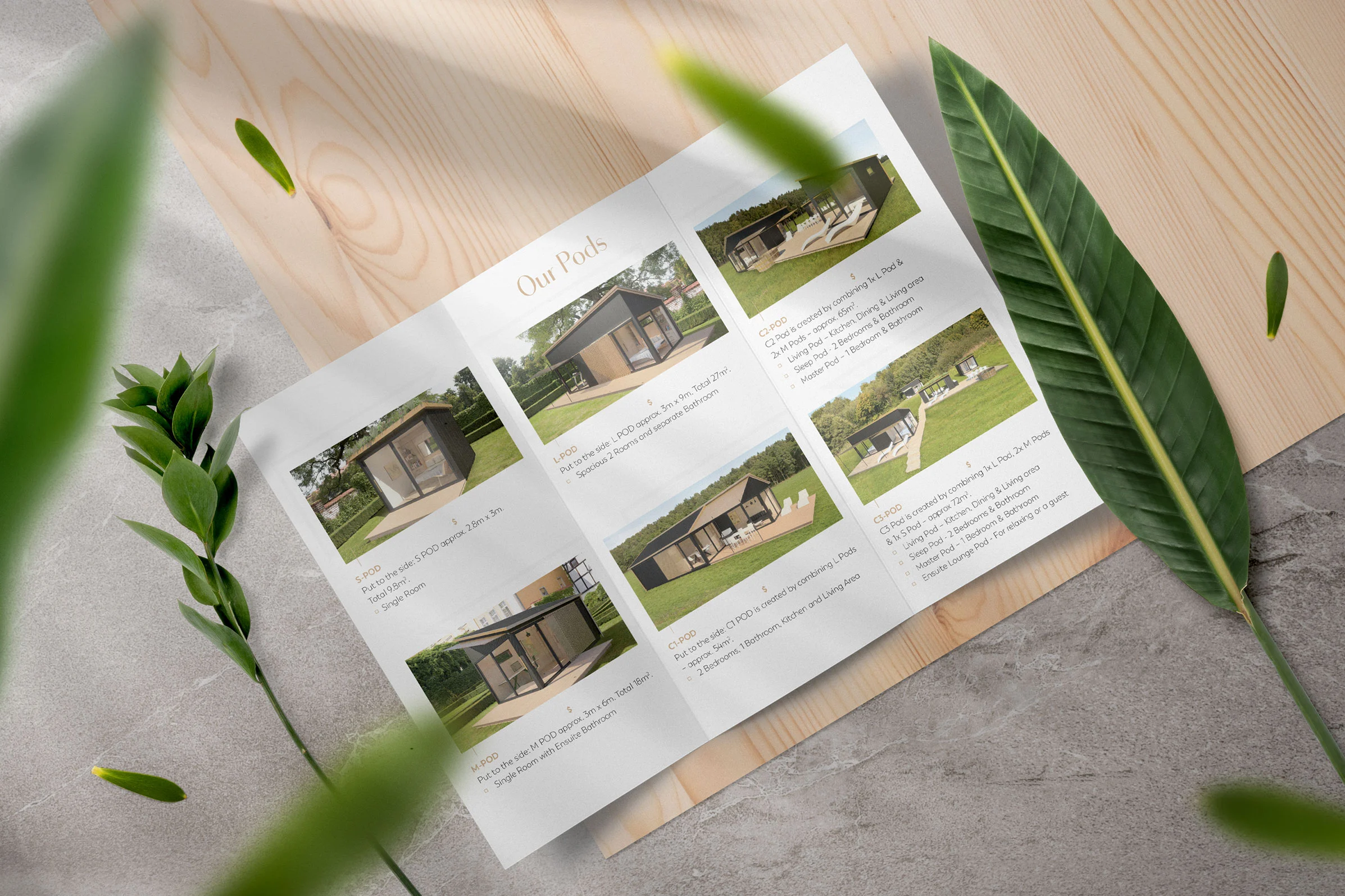 Mockup of trifold brochure with greenery and wood background