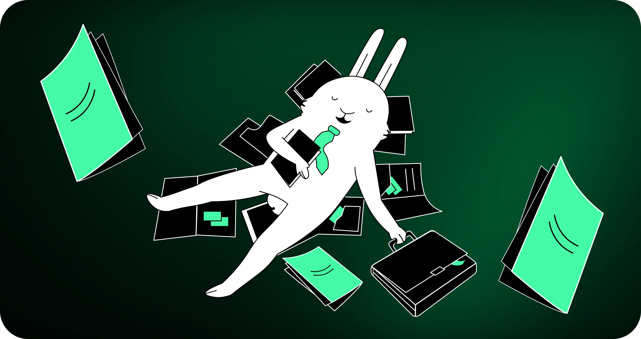 White Rabbit Types of brochure folds illustration of rabbit sleeping on pile of brochures and papers