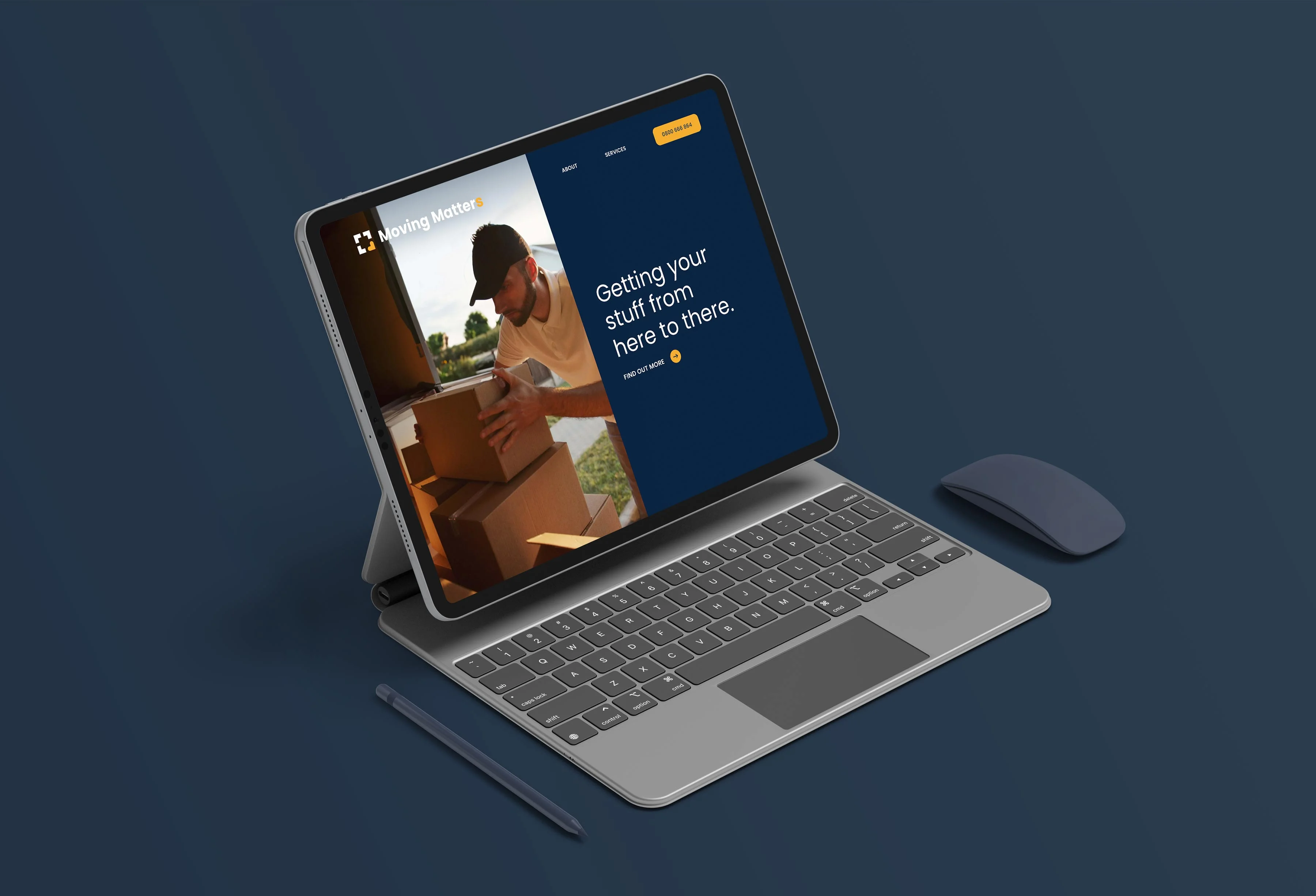 Mockup of dedicated web hosting for moving company website on navy backdrop
