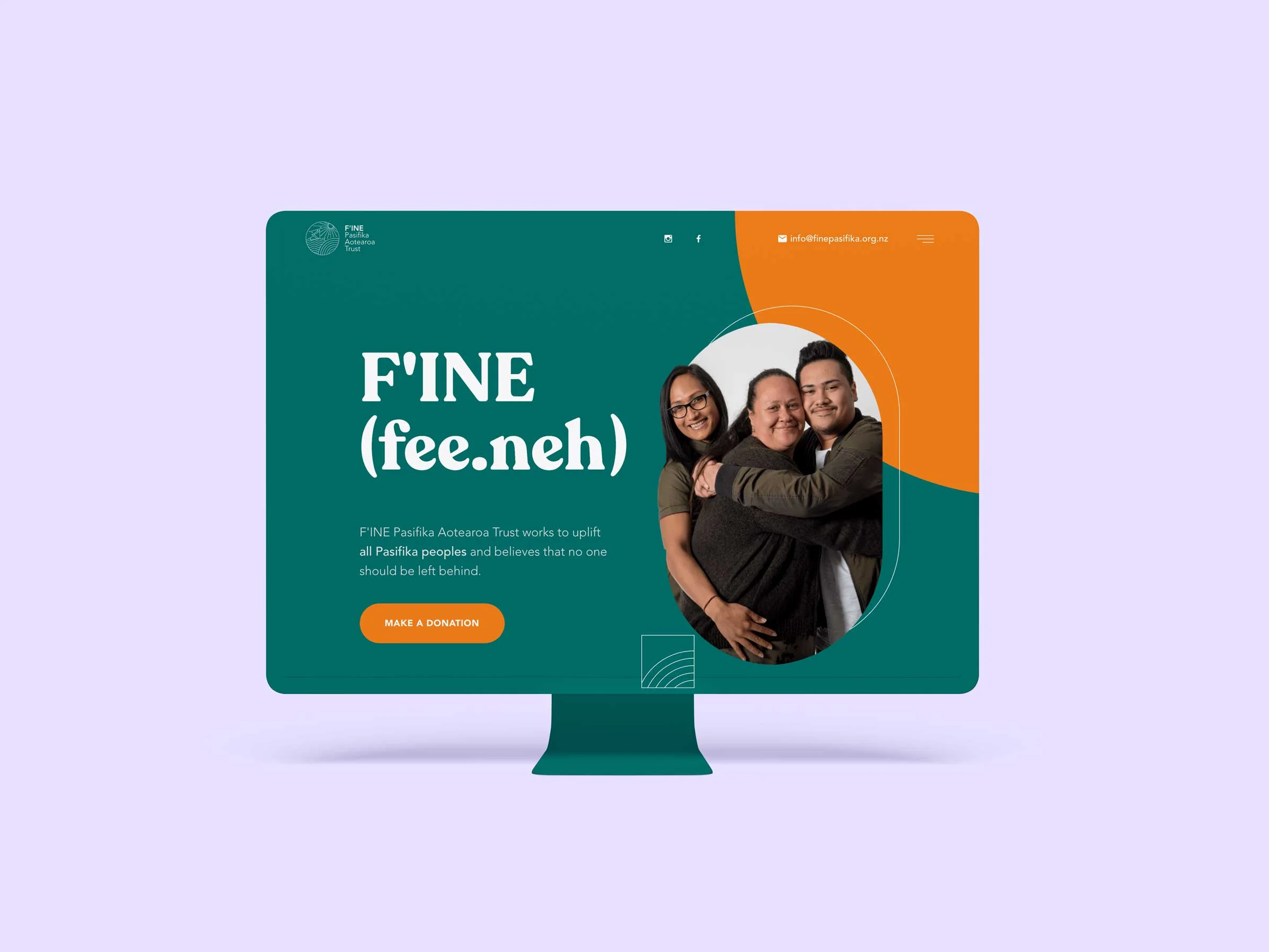 Graphic of a non profit website homepage with bold teal and orange colours