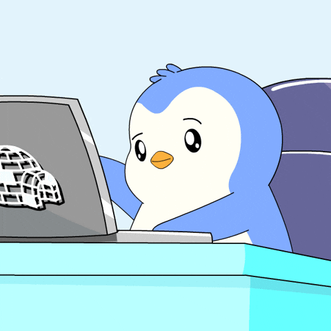 Penguin working on laptop GIF by Pudgy Penguins