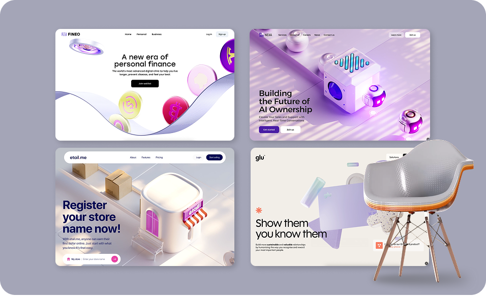 3D website interface example showing realistic objects and icons