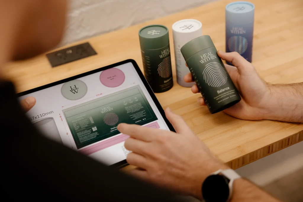 Close up of the White Rabbit team analyzing a brands packaging design