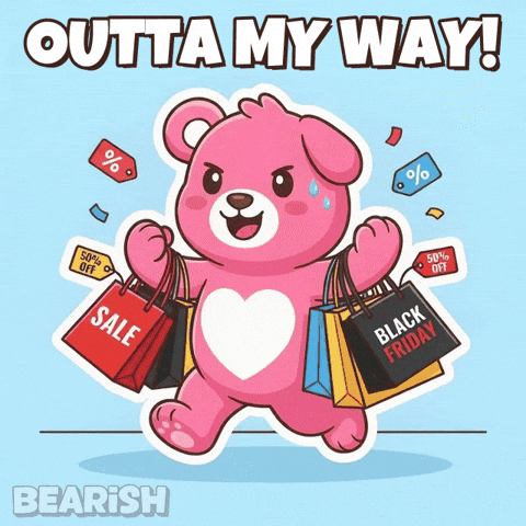 Excited pink teddy bear skipping and shopping with bags gif by Bearish