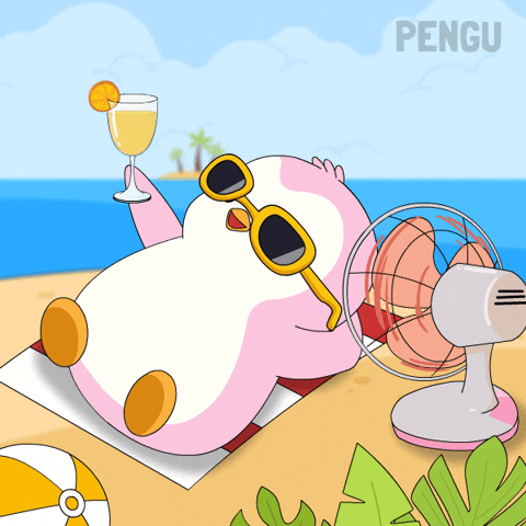 Penguin chilling on beach gif by Pudgy penguins