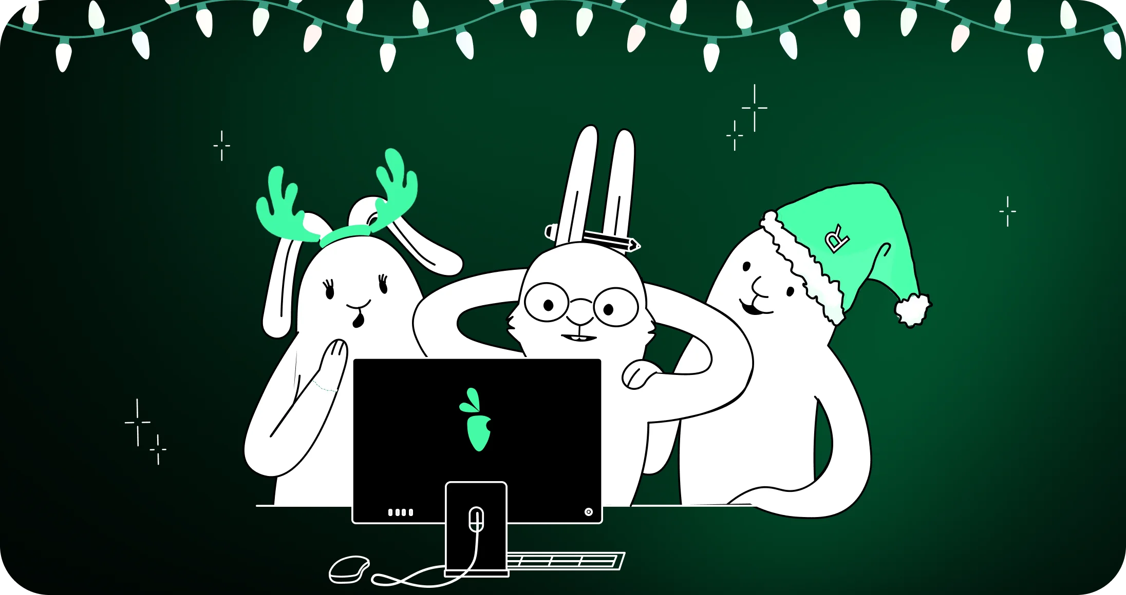 White Rabbit thumbnail illustration for holiday marketing NZ with team wearing festive hats