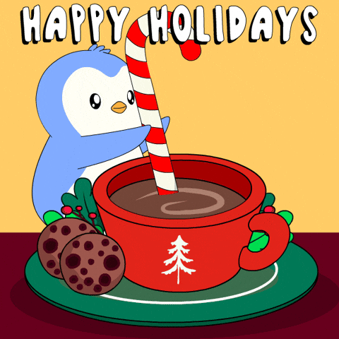 Penguin stirring hot chocolate with candy cane Gif by pudgy penguins